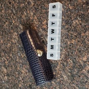 Talbots Genuine Black Leather 7-Day Pillbox with Heart Snap